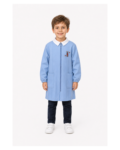 Grembiule con zip scuola elementare celeste bambino Siggi Made in Italy ricamo Pit Stop 4247