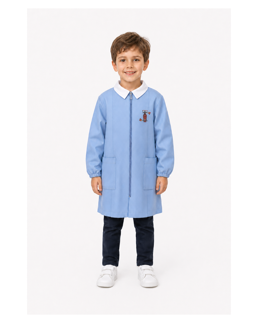 Grembiule con zip scuola elementare celeste bambino Siggi Made in Italy ricamo Pit Stop 4247
