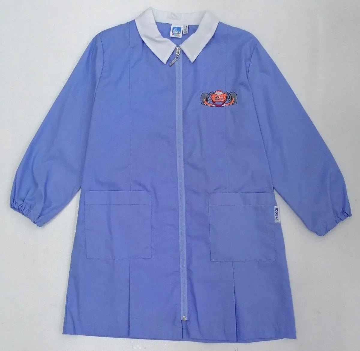 Grembiule con zip scuola elementare celeste bambino Siggi Made in Italy ricamo Race 3800