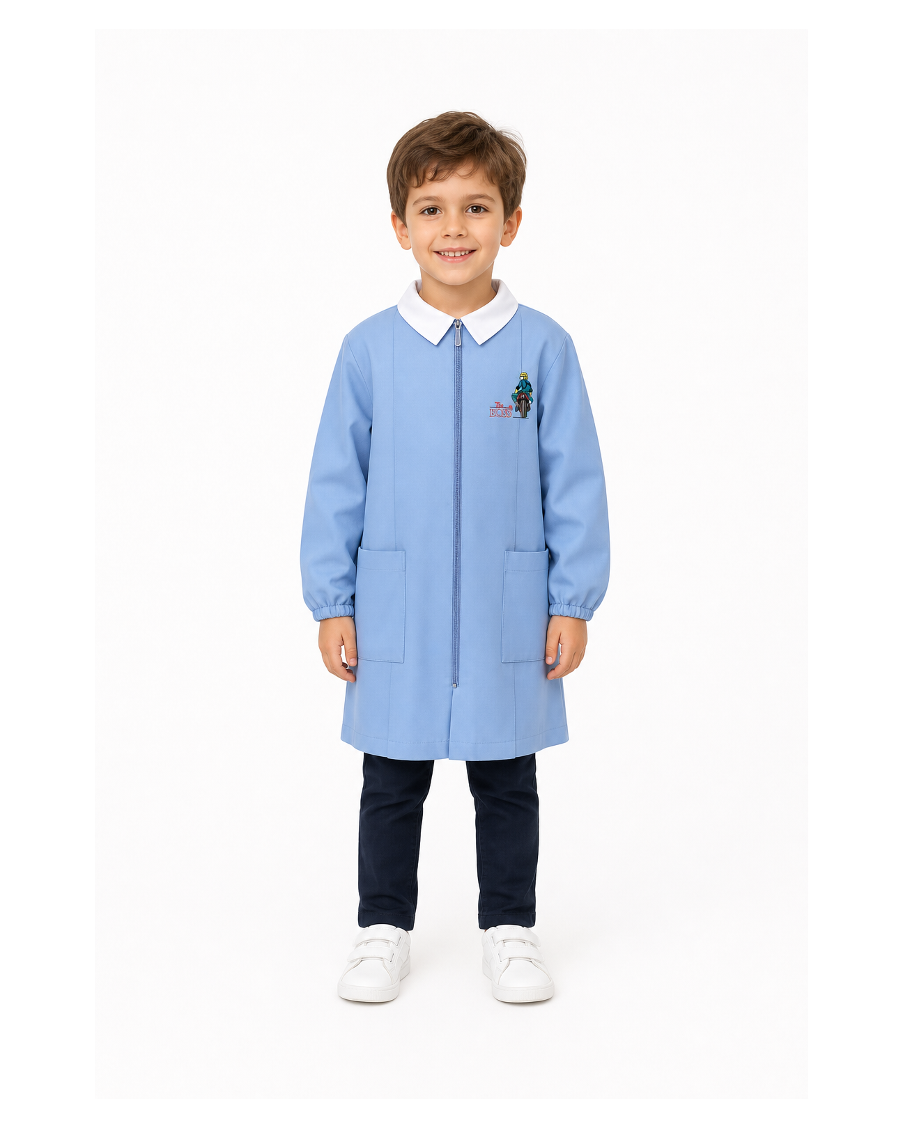 Grembiule con zip scuola elementare celeste bambino Siggi Made in Italy ricamo The Big Boss 4099