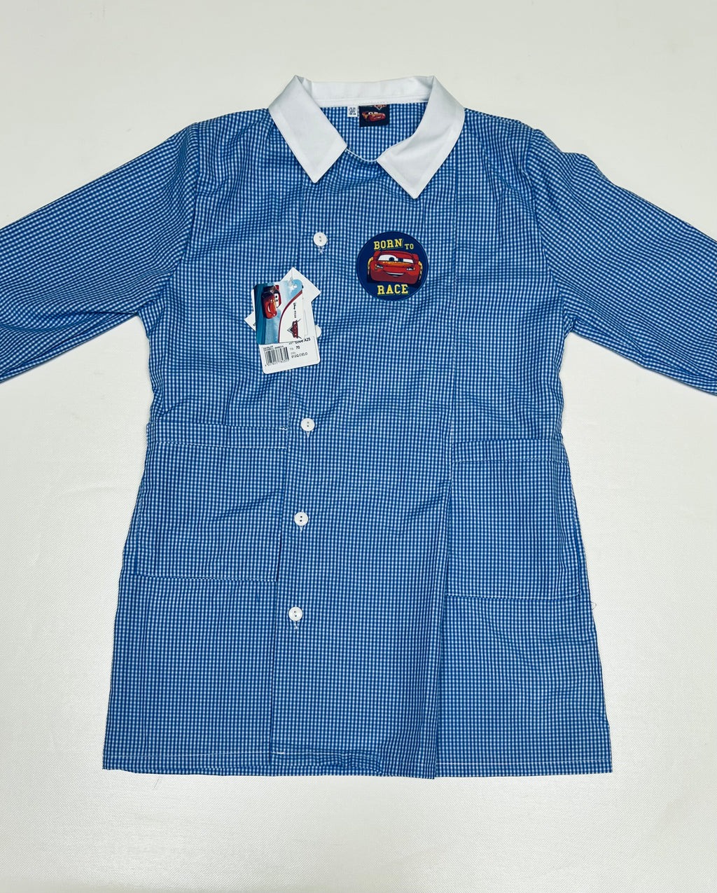 Grembiule quadretti azzurri asilo bambino con abbottonatura laterale Disney Cars G306