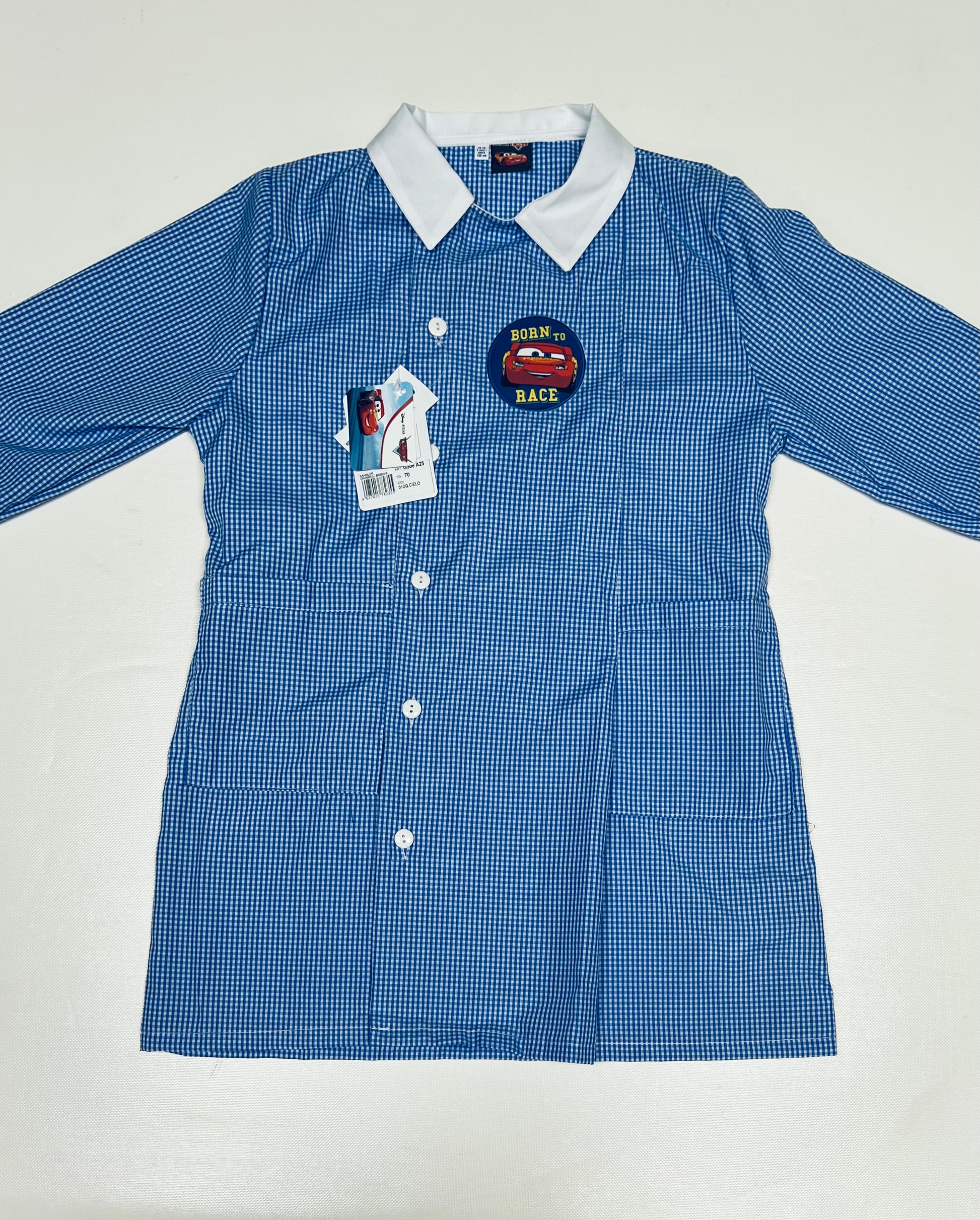 Grembiule quadretti azzurri asilo bambino con abbottonatura laterale Disney Cars G306