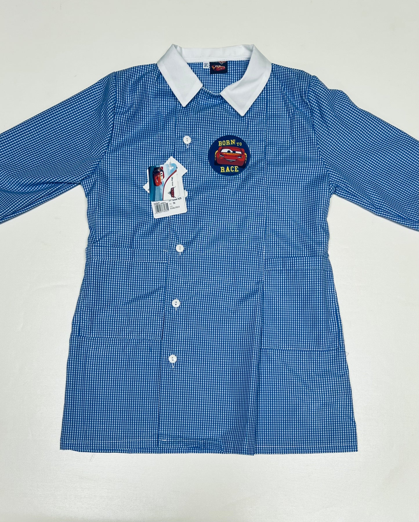 Grembiule quadretti azzurri asilo bambino con abbottonatura laterale Disney Cars G306