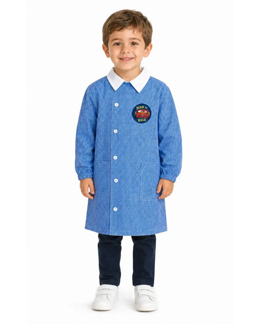Grembiule quadretti azzurri asilo bambino con abbottonatura laterale Disney Cars G306