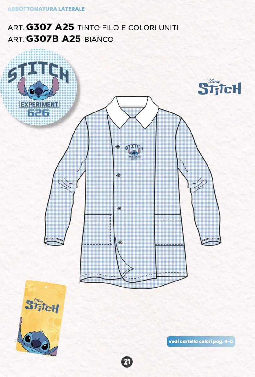 Grembiule quadretti azzurri asilo bambino con abbottonatura laterale Disney Stitch G307