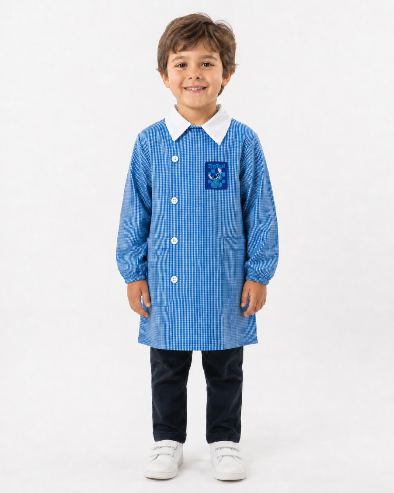 Grembiule quadretti azzurri asilo bambino con abbottonatura laterale Disney Stitch G307
