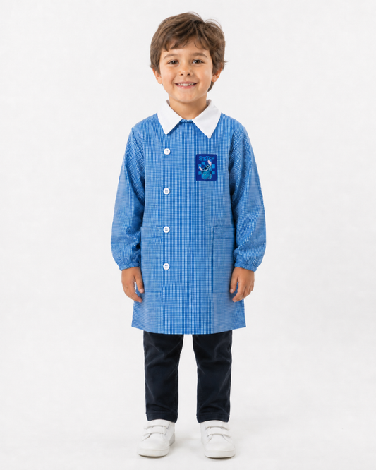 Grembiule quadretti azzurri asilo bambino con abbottonatura laterale Disney Stitch G307