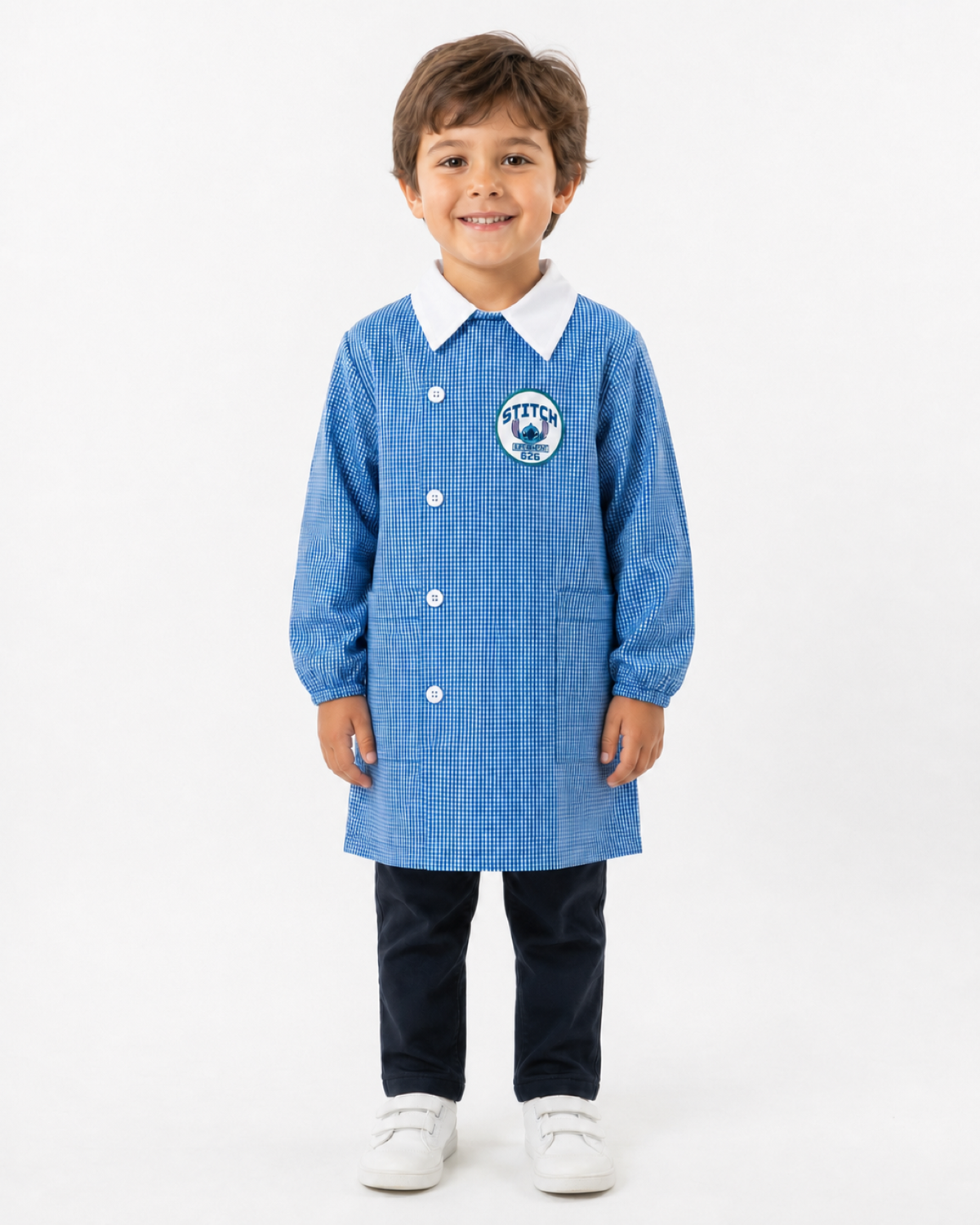 Grembiule quadretti azzurri asilo bambino con abbottonatura laterale Disney Stitch G307