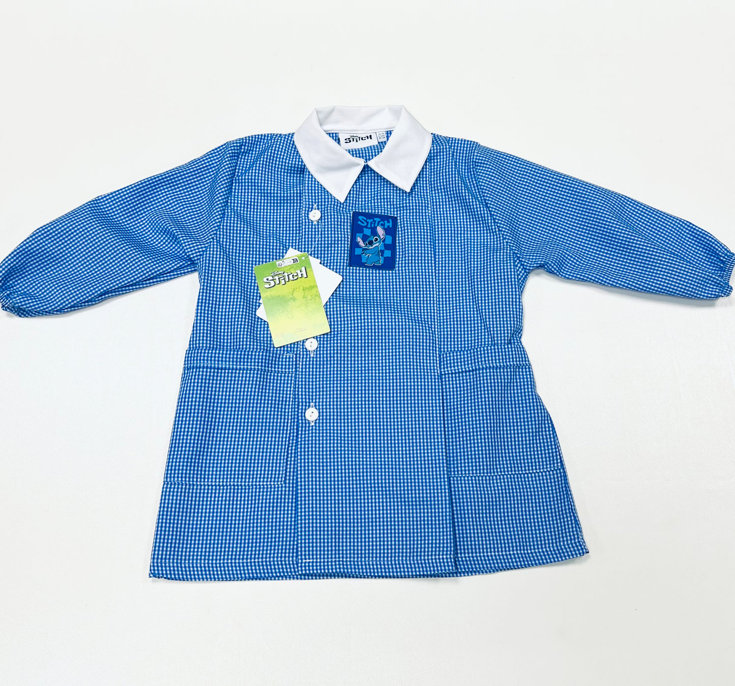 Grembiule quadretti azzurri asilo bambino con abbottonatura laterale Disney Stitch G307A24