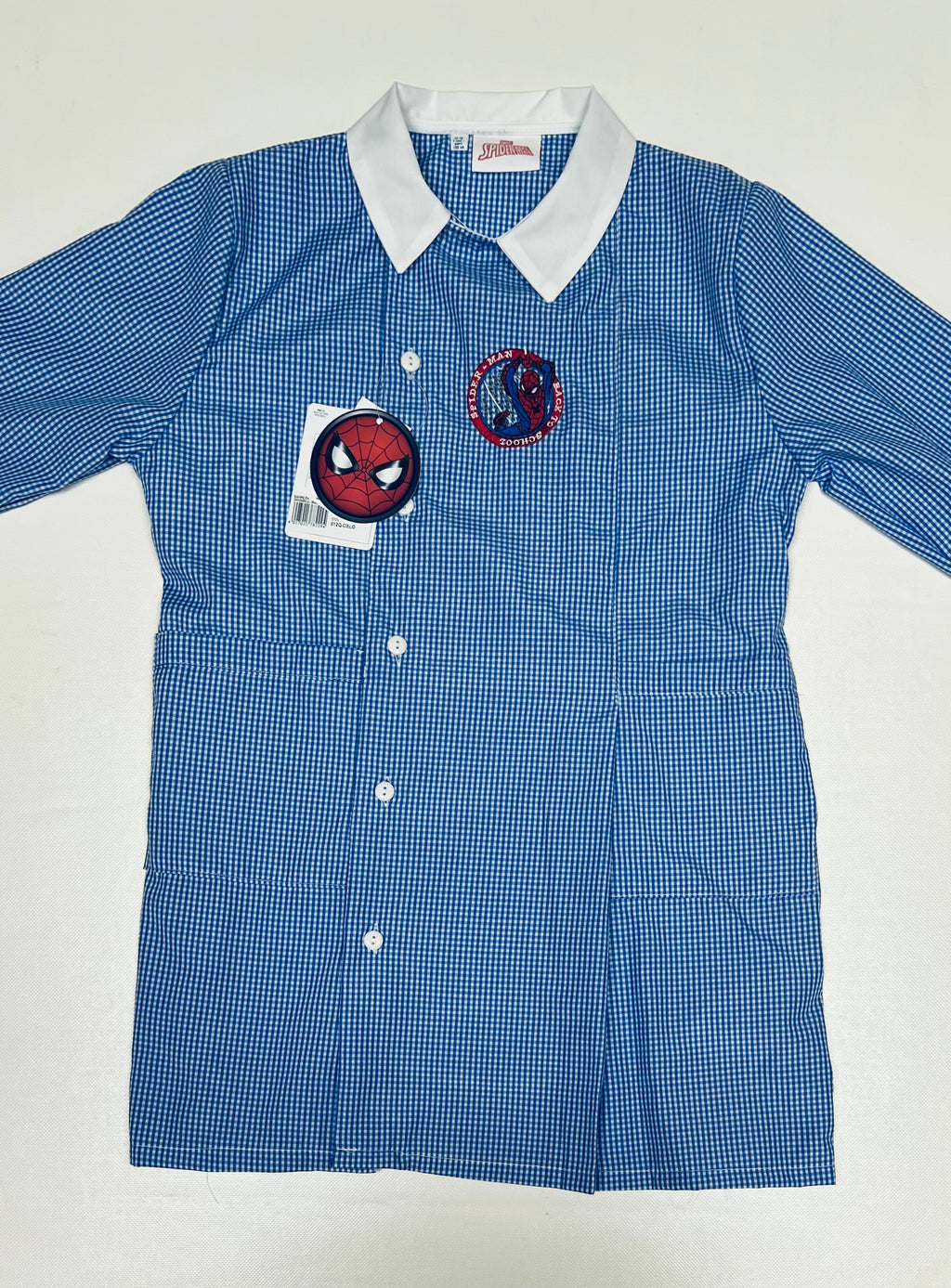 Grembiule quadretti azzurri asilo bambino con abbottonatura laterale Marvel Spiderman G303
