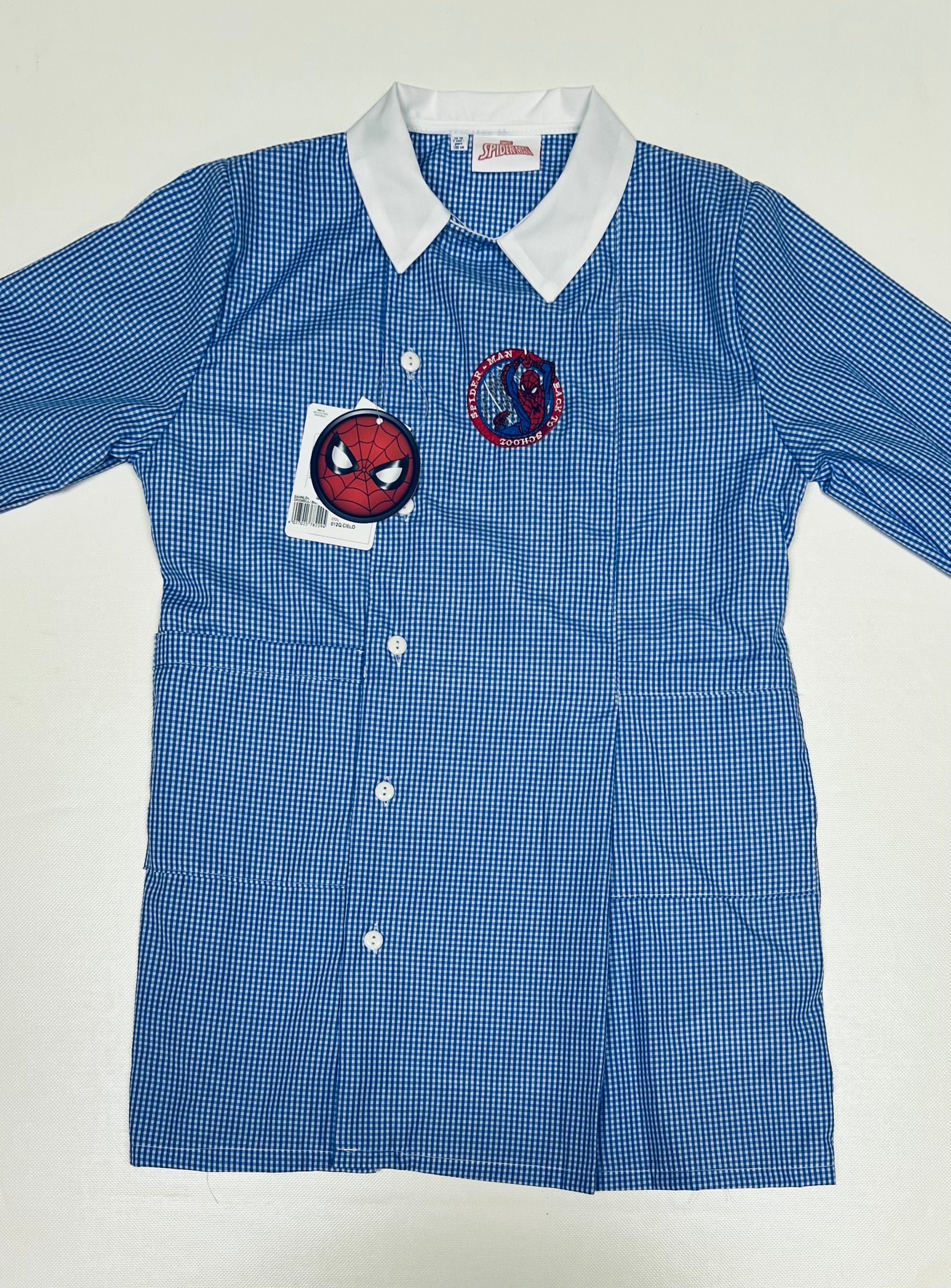 Grembiule quadretti azzurri asilo bambino con abbottonatura laterale Marvel Spiderman G303
