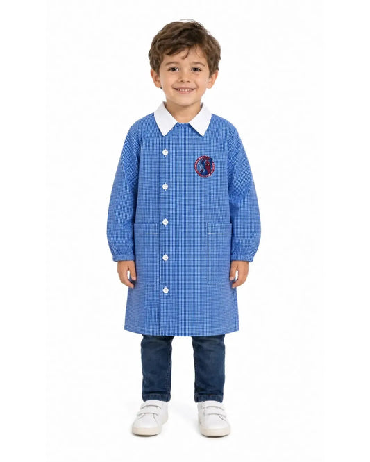 Grembiule quadretti azzurri asilo bambino con abbottonatura laterale Marvel Spiderman G303