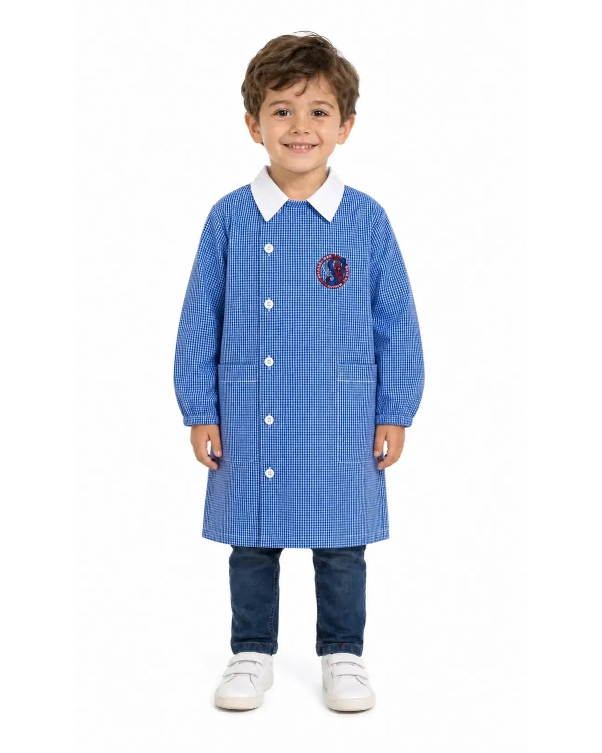 Grembiule quadretti azzurri asilo bambino con abbottonatura laterale Marvel Spiderman G303A25