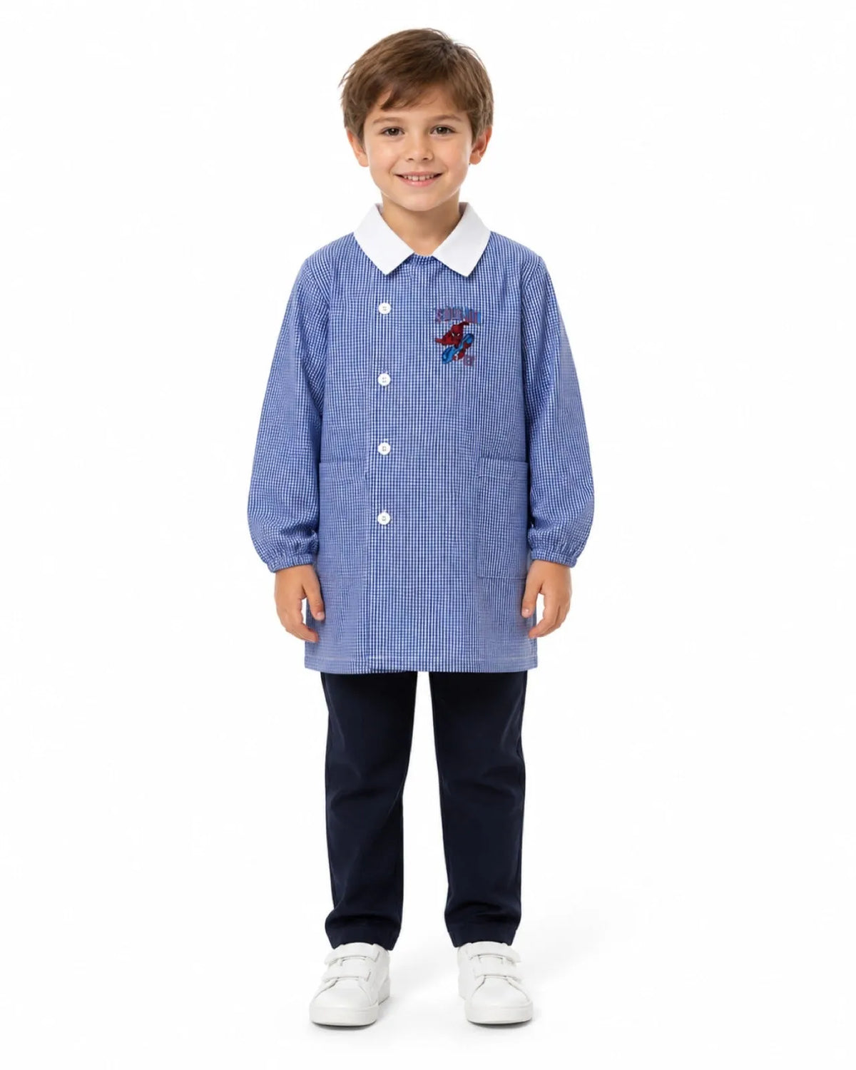 Grembiule quadretti azzurri asilo bambino con abbottonatura laterale Marvel Spiderman G303A26
