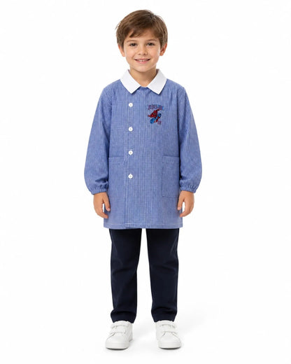 Grembiule quadretti azzurri asilo bambino con abbottonatura laterale Marvel Spiderman G303A26
