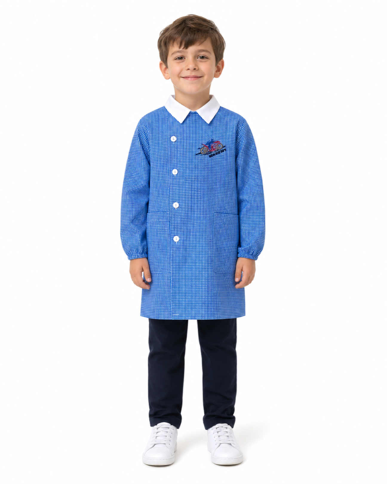 Grembiule quadretti azzurri asilo bambino con abbottonatura laterale Nazareno Gabrielli ricamo Vroom 0702
