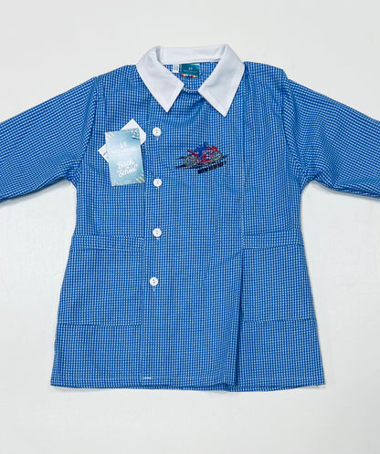 Grembiule quadretti azzurri asilo bambino con abbottonatura laterale Nazareno Gabrielli ricamo Vroom 0702A25