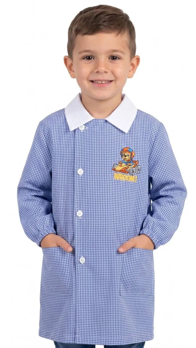 Grembiule quadretti azzurri asilo bambino con abbottonatura laterale Nazareno Gabrielli ricamo Vroom 0703A26