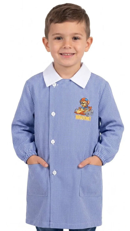 Grembiule quadretti azzurri asilo bambino con abbottonatura laterale Nazareno Gabrielli ricamo Vroom 0703A26