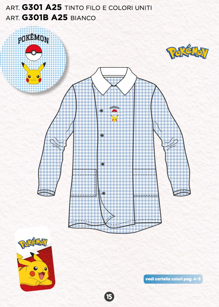 Grembiule quadretti azzurri asilo bambino con abbottonatura laterale Pokemon G301