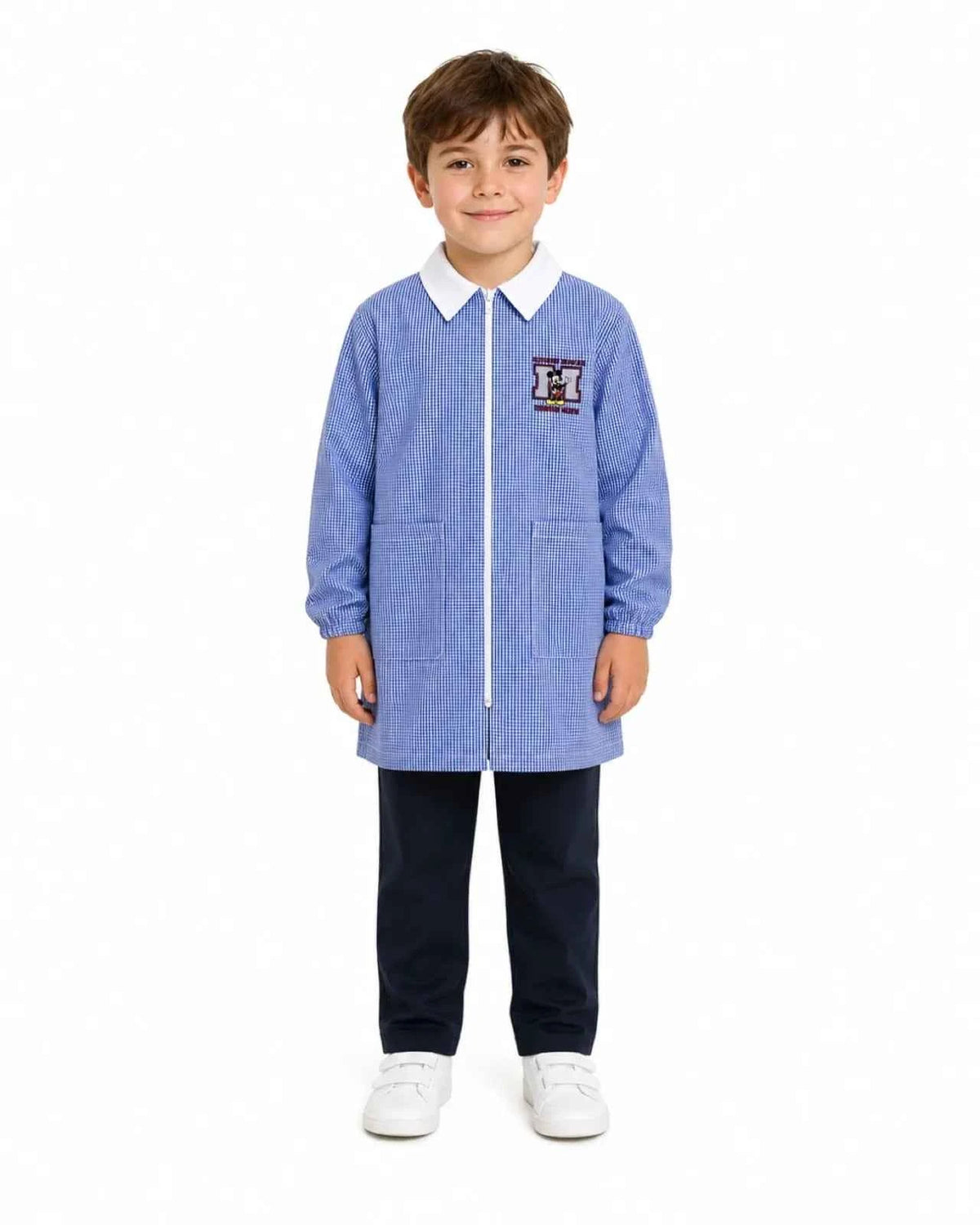 Grembiule quadretti azzurri asilo bambino con zip centrale Mickey Mouse Disney G402ZIPA26
