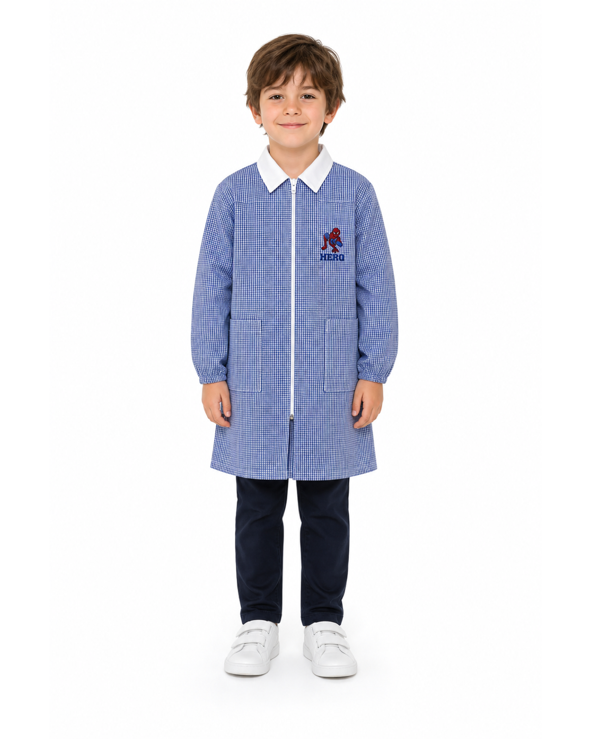 Grembiule quadretti azzurri asilo bambino con zip centrale Spiderman Marvel G404ZIPA26