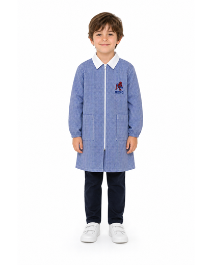 Grembiule quadretti azzurri asilo bambino con zip centrale Spiderman Marvel G404ZIPA26