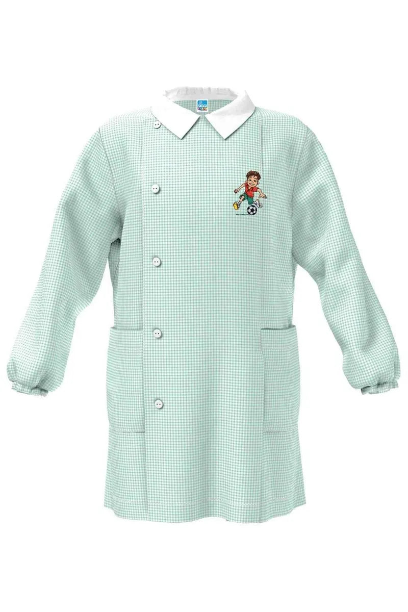 Grembiule quadretto verde asilo bambino con abbottonatura laterale Siggi ricamo Calcio 4344