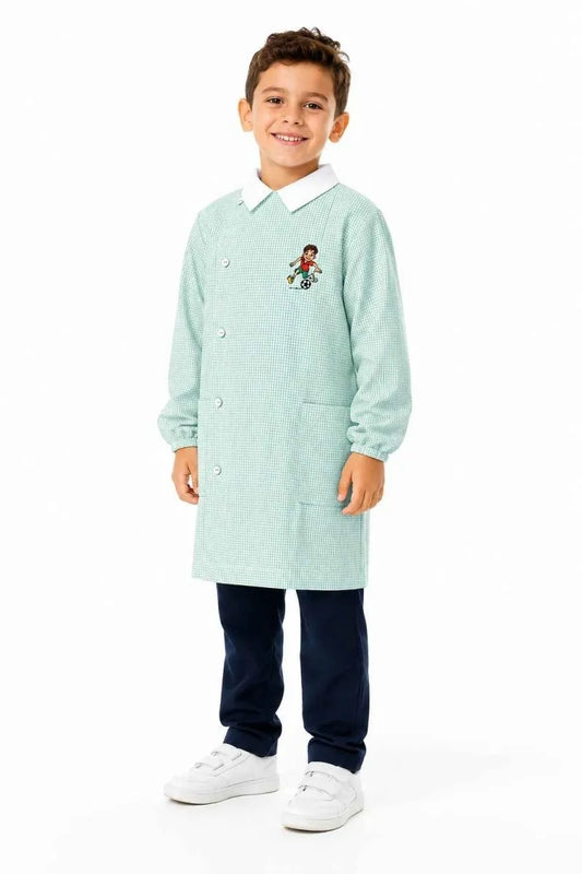 Grembiule quadretto verde asilo bambino con abbottonatura laterale Siggi ricamo Calcio 4344