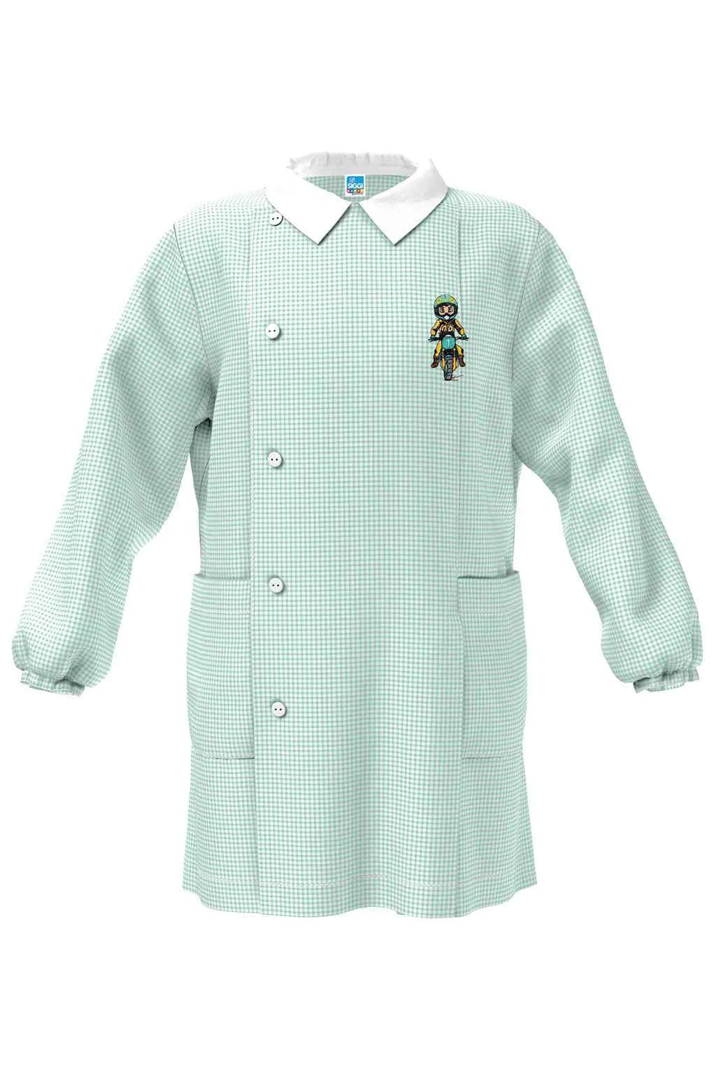 Grembiule quadretto verde asilo bambino con abbottonatura laterale Siggi ricamo Moto 4346