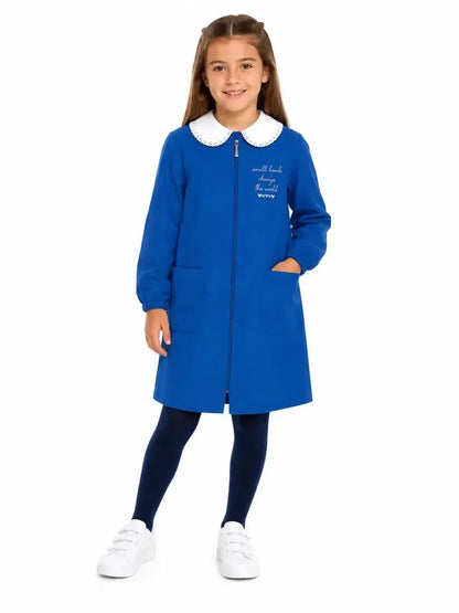 Grembiule scuola elementare Blu bambina con zip Siggi Made in Italy ricamo Small Hands 4222