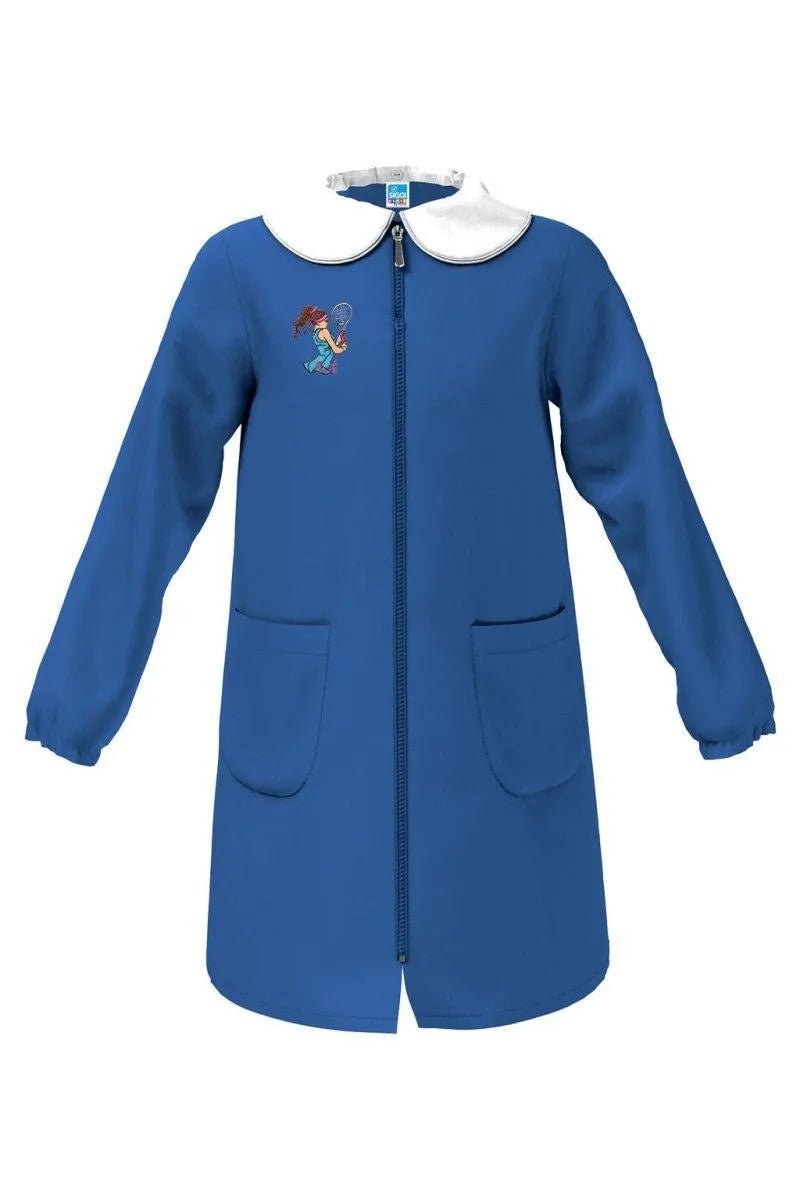 Grembiule scuola elementare Blu bambina con zip Siggi Made in Italy ricamo Tennis 4219
