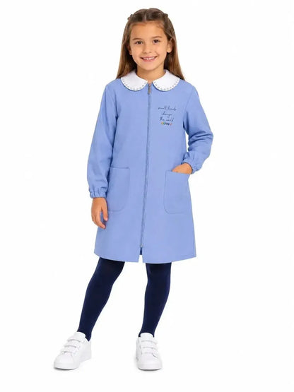 Grembiule scuola elementare Celeste bambina con zip Siggi Made in Italy ricamo Small Hands 4222