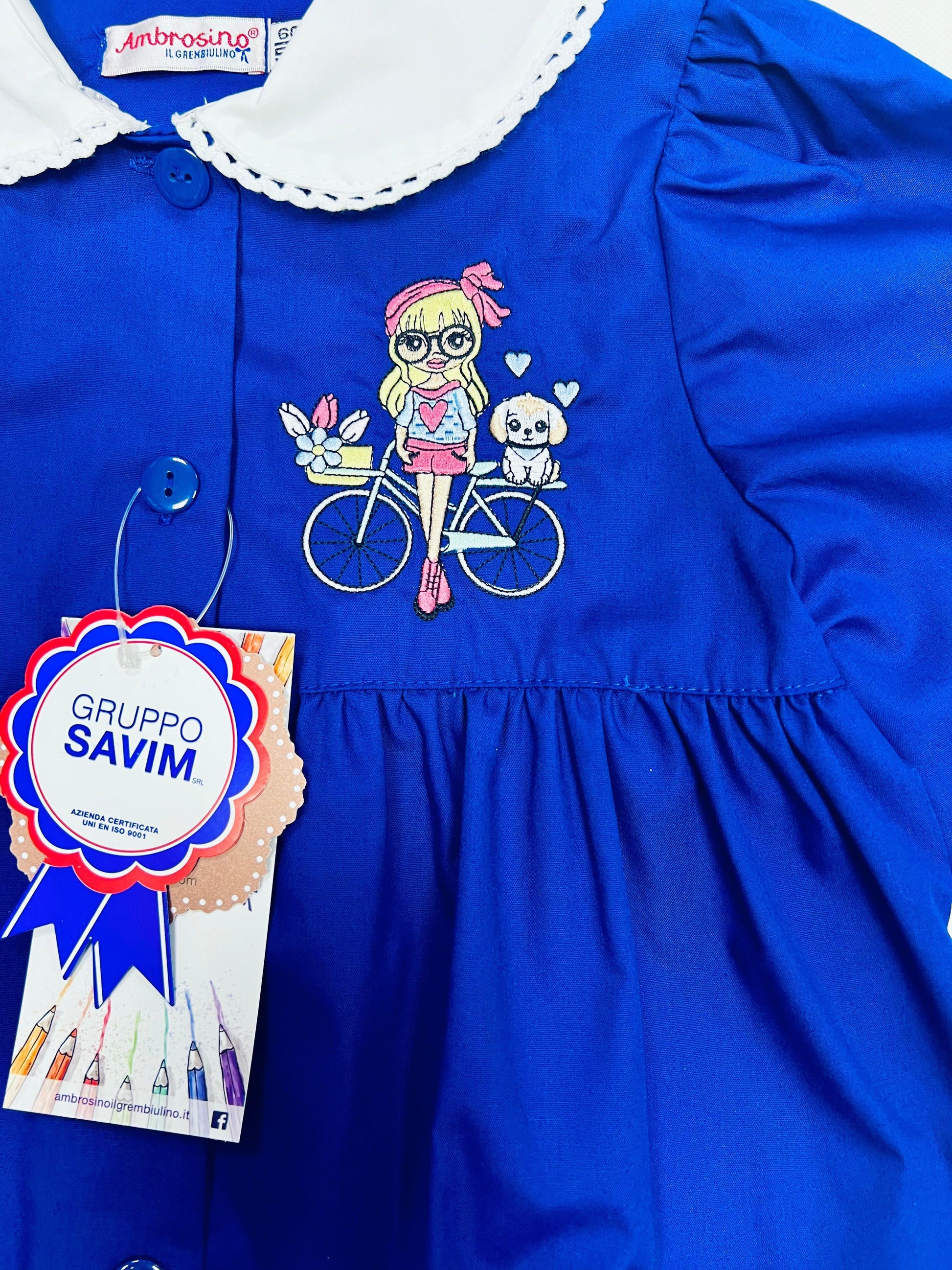 Grembiule scuola elementare bambina Ambrosino Made in Italy ricamo Bici R103