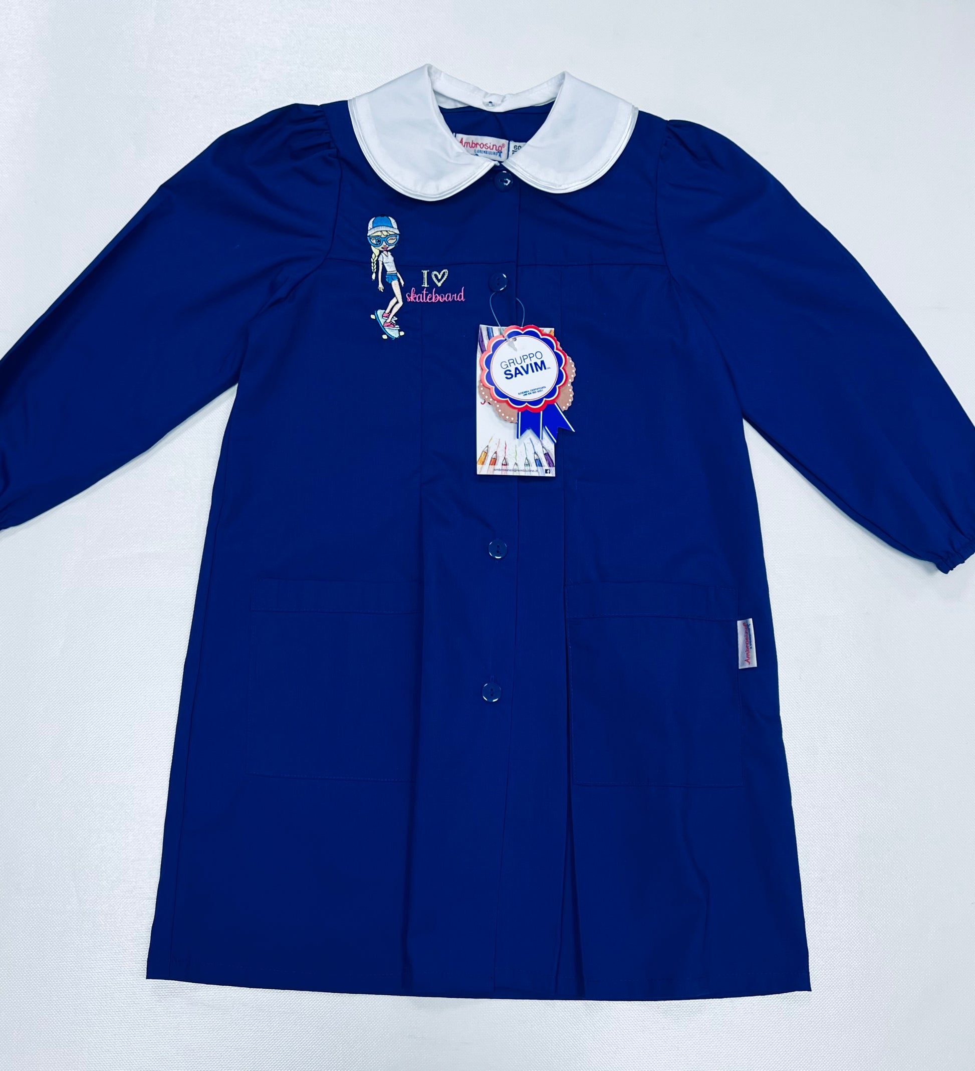 Grembiule scuola elementare bambina Ambrosino Made in Italy ricamo Skateboard R106