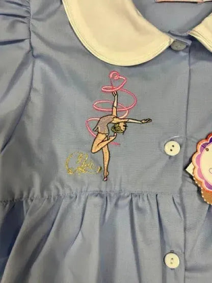 Grembiule scuola elementare bambina celeste Ambrosino Made in Italy ricamo Ballerina Chic O103