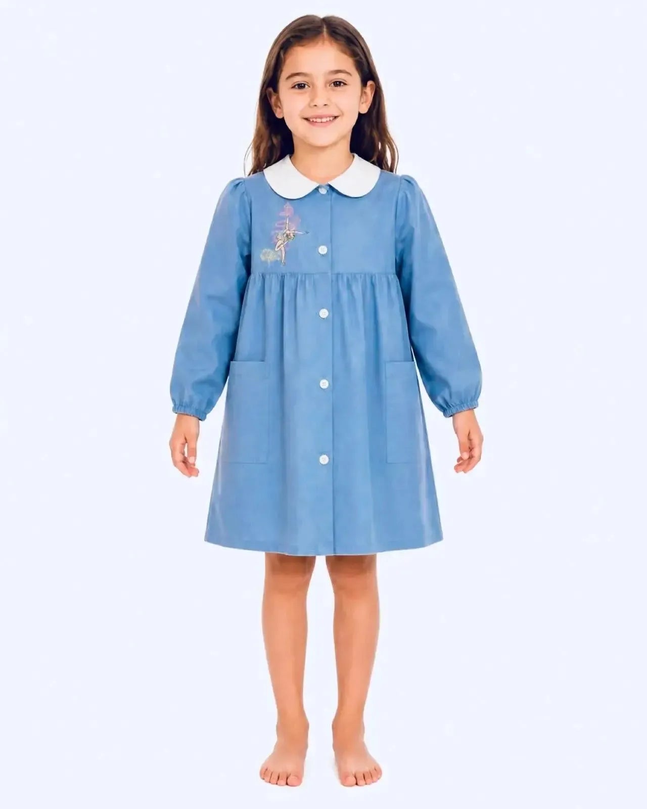 Grembiule scuola elementare bambina celeste Ambrosino Made in Italy ricamo Ballerina Chic O103