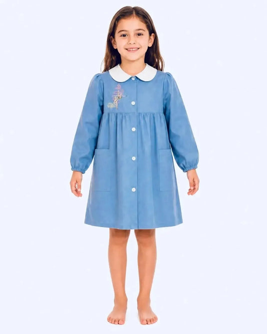 Grembiule scuola elementare bambina celeste Ambrosino Made in Italy ricamo Ballerina Chic O103