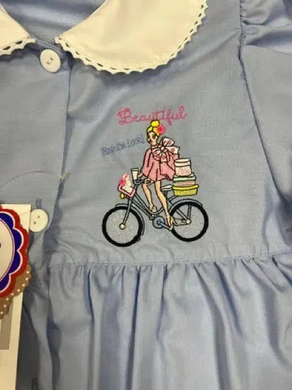 Grembiule scuola elementare bambina celeste Ambrosino Made in Italy ricamo Beautiful O106
