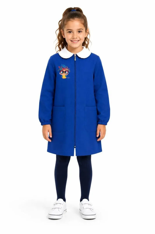 Grembiule scuola elementare blu bambina con zip Siggi Made in Italy ricamo Uccellino Arcobaleno 4373