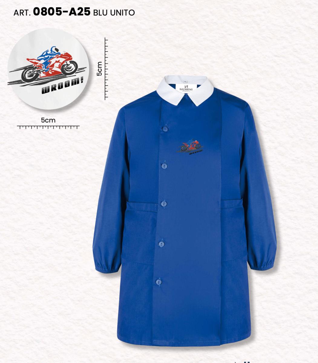 Grembiule scuola elementare blu bambino Nazareno Gabrielli Made in Italy ricamo Vroom 0805