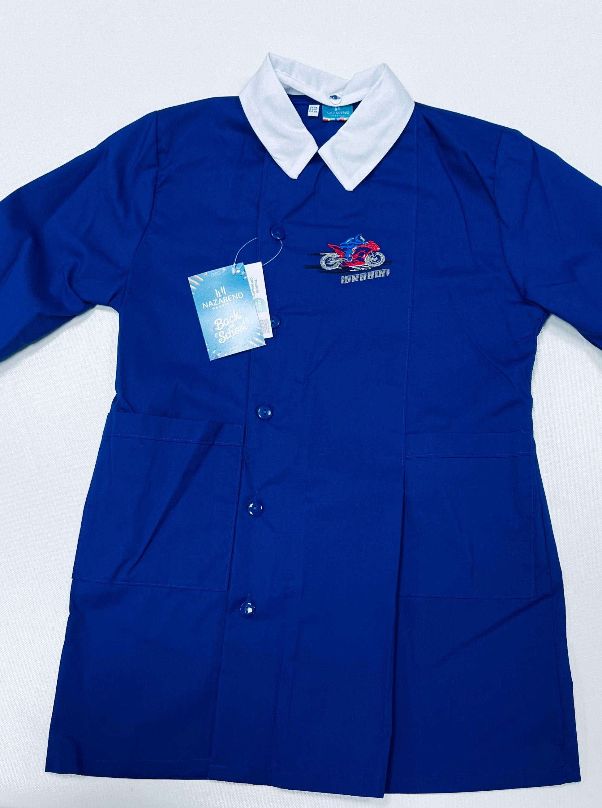Grembiule scuola elementare blu bambino Nazareno Gabrielli Made in Italy ricamo Vroom 0805
