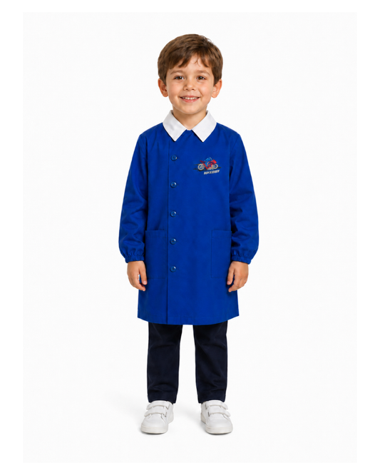 Grembiule scuola elementare blu bambino Nazareno Gabrielli Made in Italy ricamo Vroom 0805