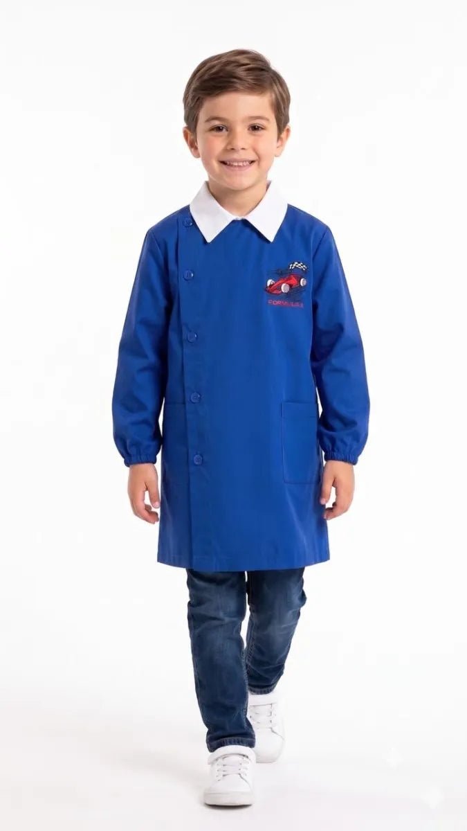 Grembiule scuola elementare blu bambino con abbottonatura laterale Nazareno Gabrielli Made in Italy ricamo Formula 1 0801A26