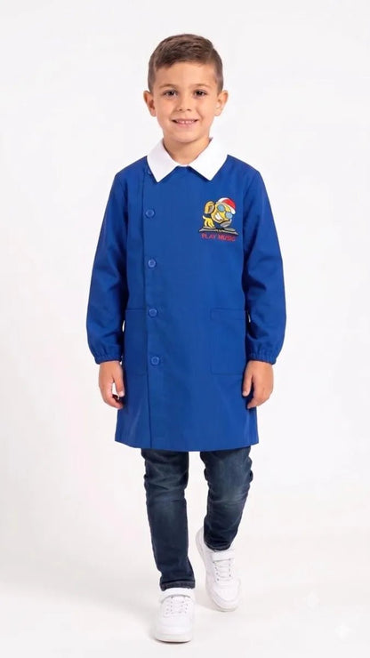 Grembiule scuola elementare blu bambino con abbottonatura laterale Nazareno Gabrielli Play Music 0805A26