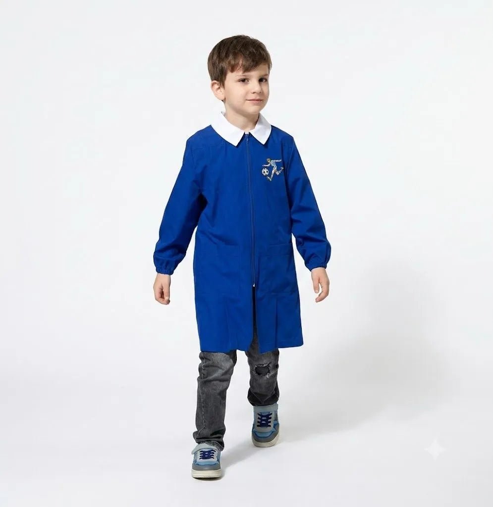 Grembiule scuola elementare blu bambino con zip Nazareno Gabrielli Made in Italy ricamo Calcio 0835A26