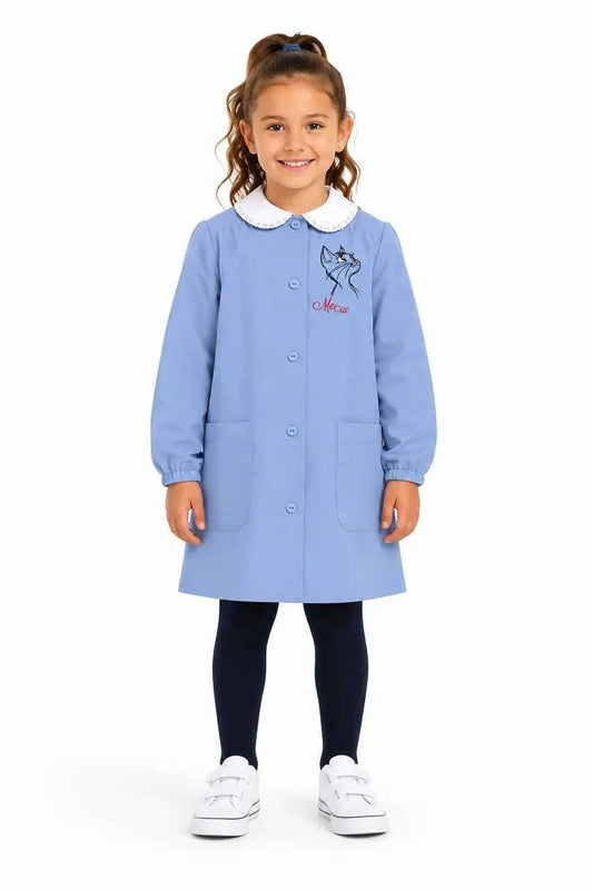 Grembiule scuola elementare celeste bambina Siggi Made in Italy ricamo Gattino 4369