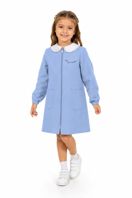 Grembiule scuola elementare celeste bambina con zip Siggi Made in Italy ricamo Be Yourself 4376