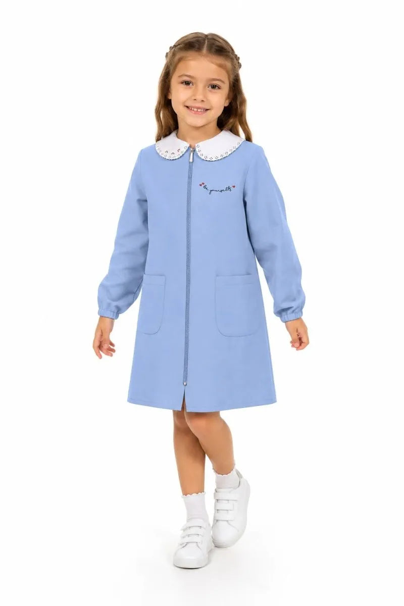 Grembiule scuola elementare celeste bambina con zip Siggi Made in Italy ricamo Be Yourself 4376