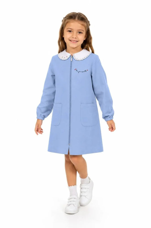 Grembiule scuola elementare celeste bambina con zip Siggi Made in Italy ricamo Be Yourself 4376